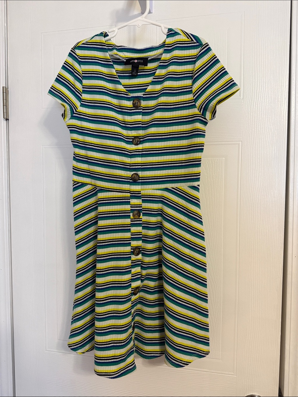 Amy Byer Short-Sleeve Striped Button Dress in Blue, Yellow & Green